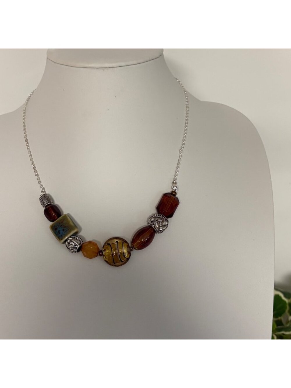 Multicolor Mixed Beaded Necklace Silver Tone Chain Brown Green Silver 17-20 in